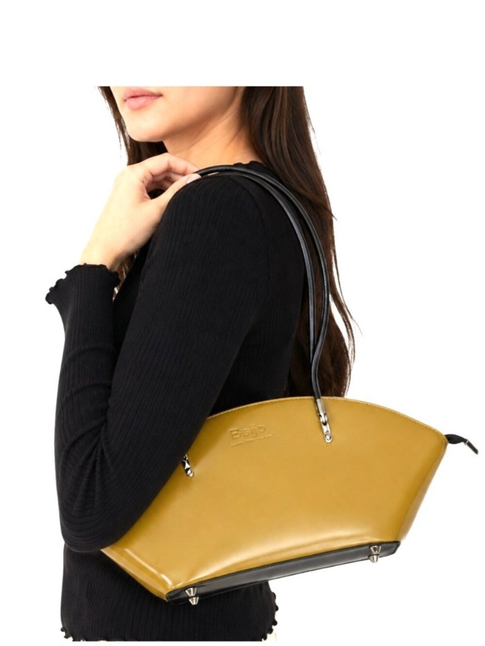 Beijo Bag Golden Patent Leather Half Moon Crescent Satchel Purse Mod Mogul Party